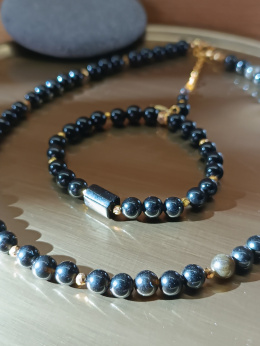 Zestaw biżuterii z turmalinem, obsydianem i hematytem, naszyjnik i bransoletka handmade