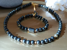 Zestaw biżuterii z turmalinem, obsydianem i hematytem, naszyjnik i bransoletka handmade